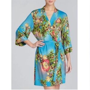 Natori Josie Paradise Found Blue Tropical Floral Silky Kimono Wrap Robe Large